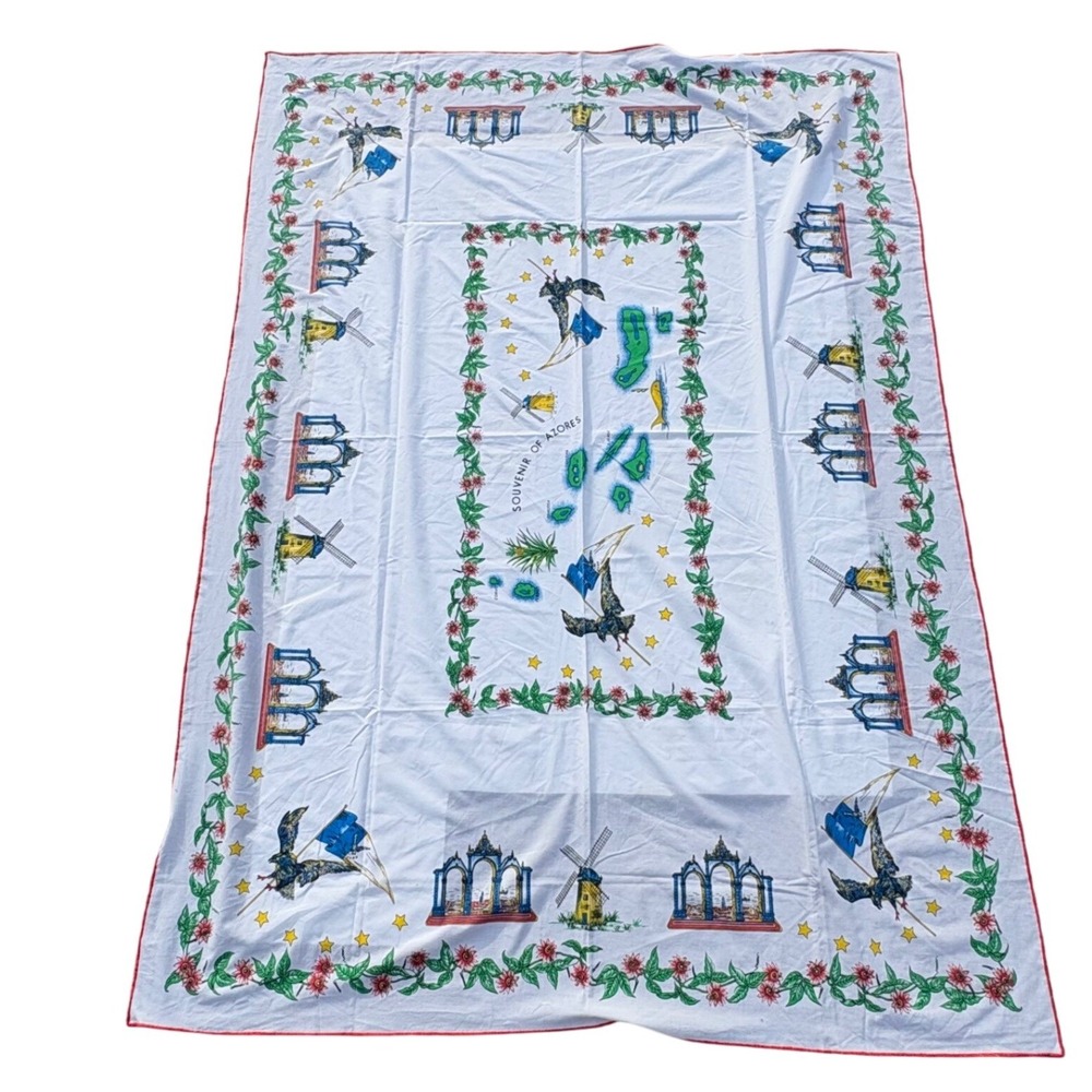 Vtg Azores Portugal Souvenir Tablecloth Mid Century Graphic Print Cottagecore